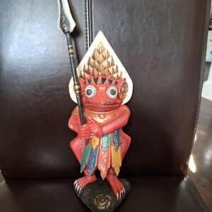 Bali Hand Carved Handpainted Wooden Frog Prince Figurine with Spear